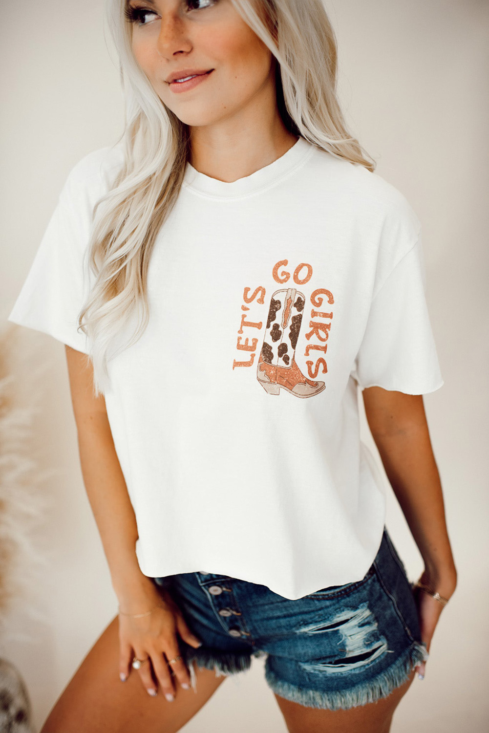 White Western Cowboy Boots Print Round Neck T Shirt