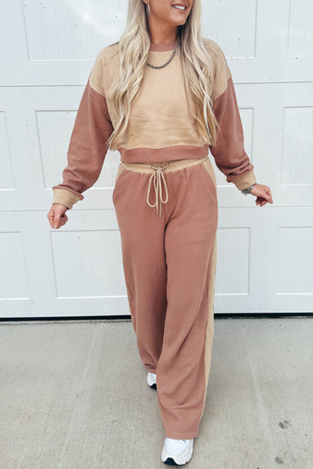 Khaki Color Block Long Sleeve Crop Top Drawstring Pant Set