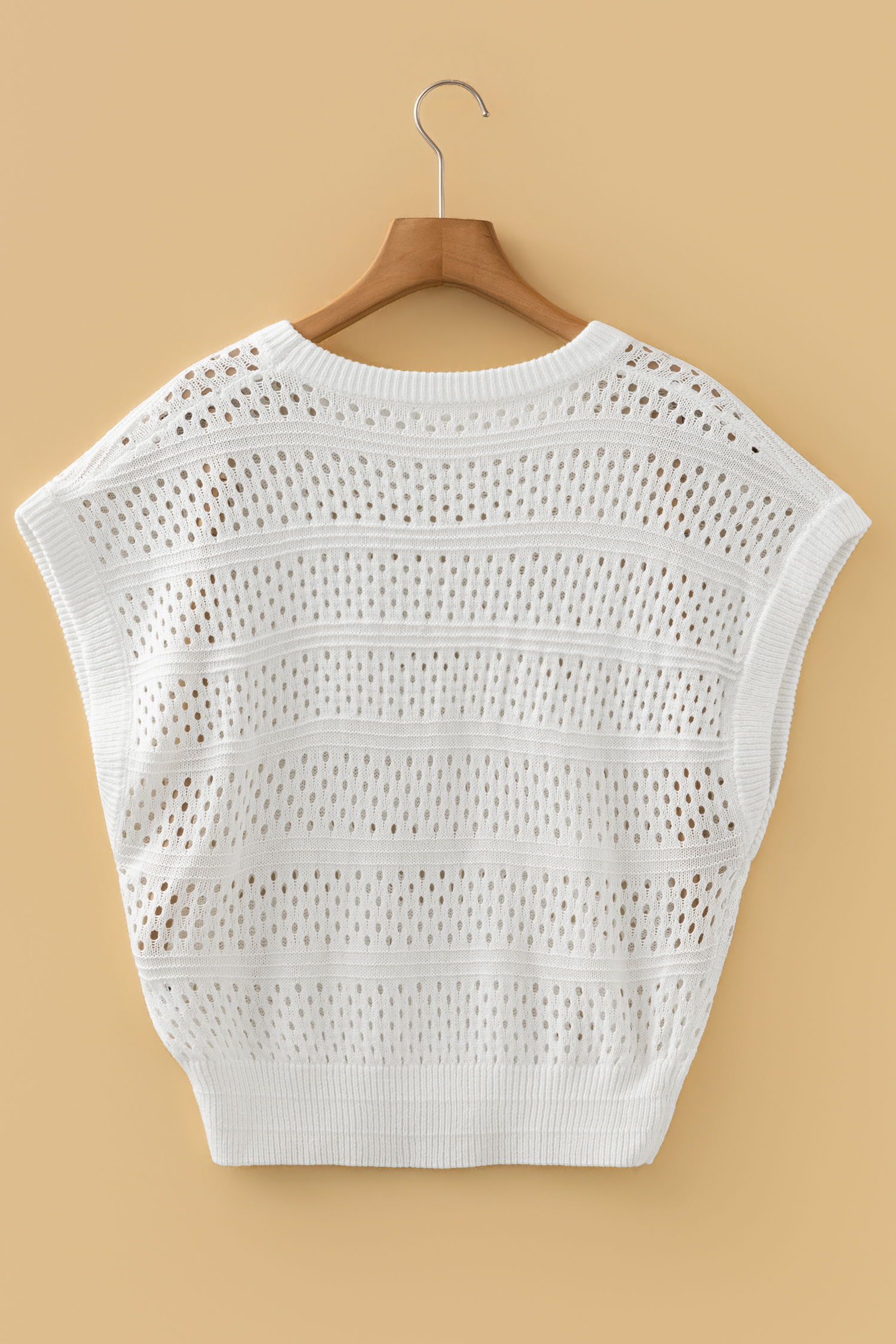 White Hollow Out Knit Round Neck Dolman Sweater
