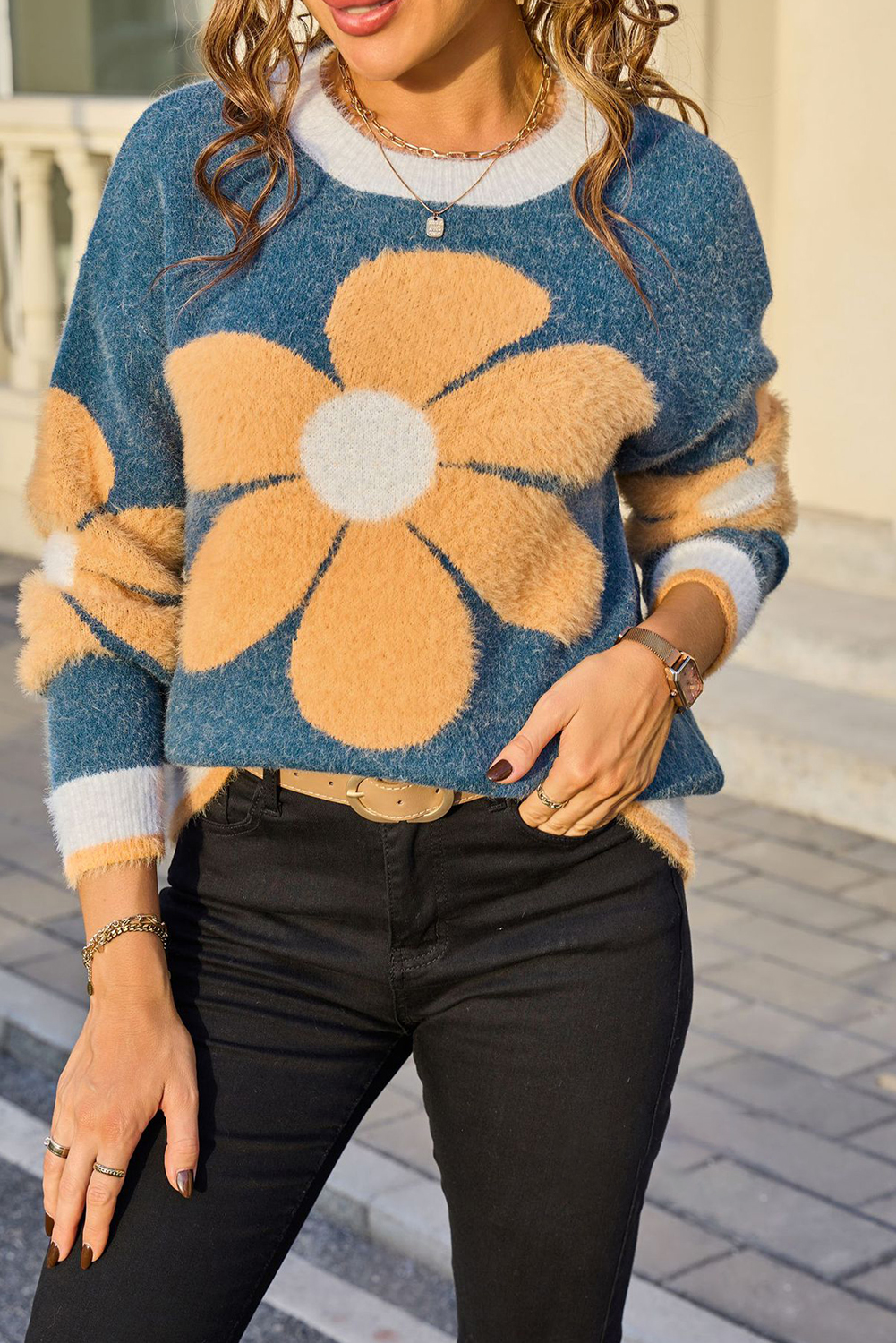 Sail Blue Plush Flower Pattern Ribbed Detail Cozy Sweater