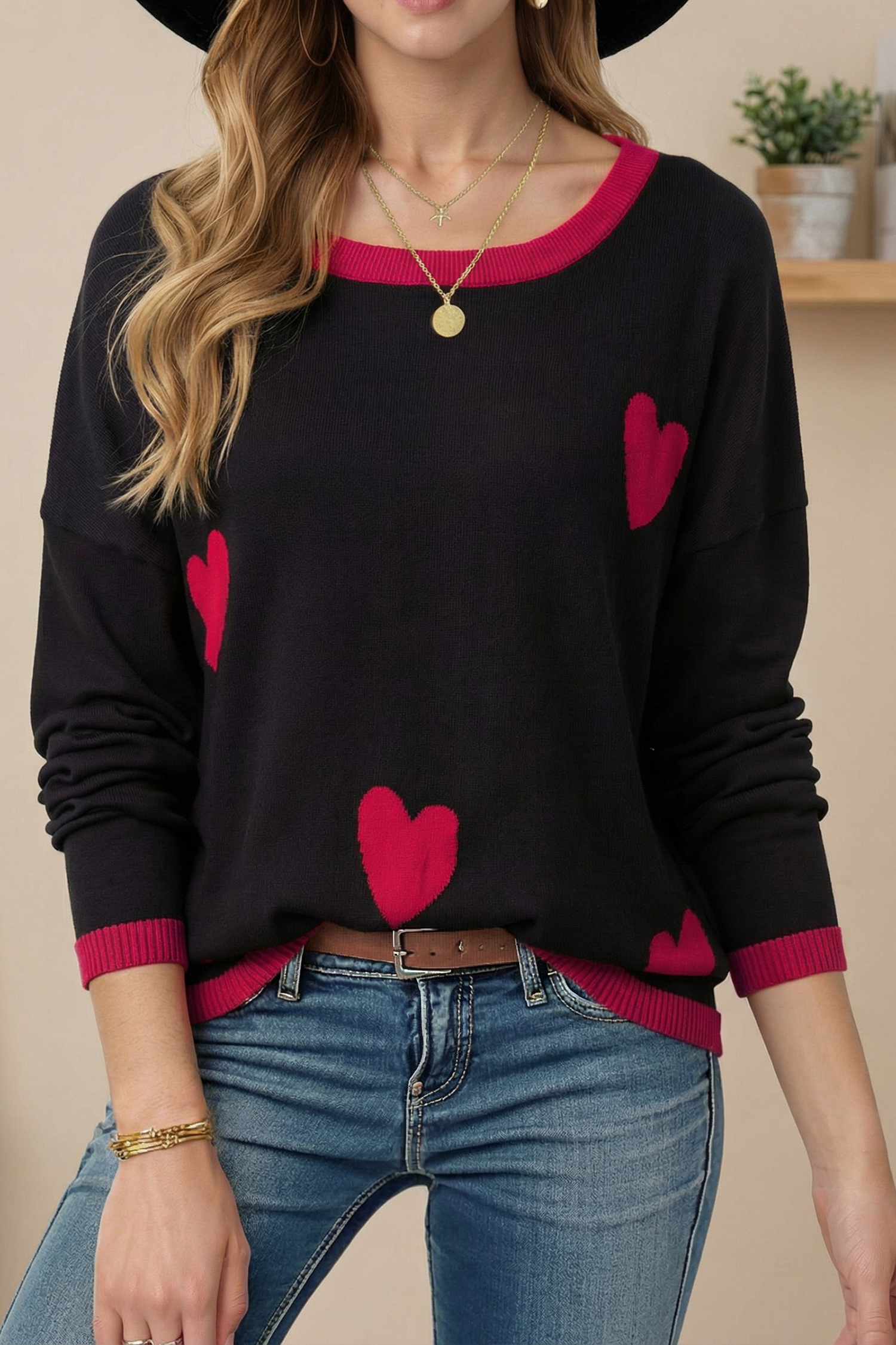 Black white Heart Print Contrast Trim Drop Shoulder Sweater