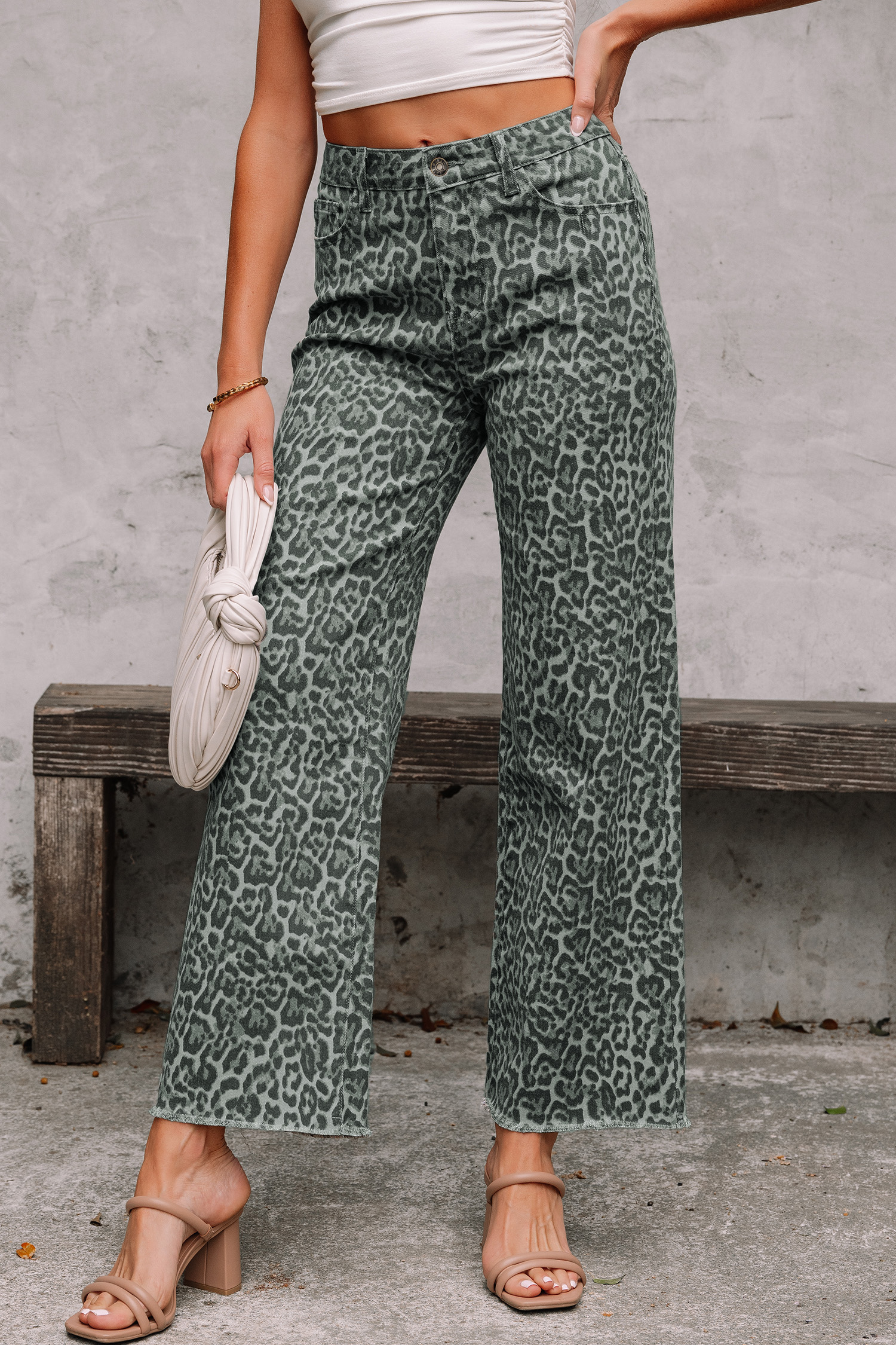 Rose Leopard Frayed Edge Wide Leg High Waist Jeans