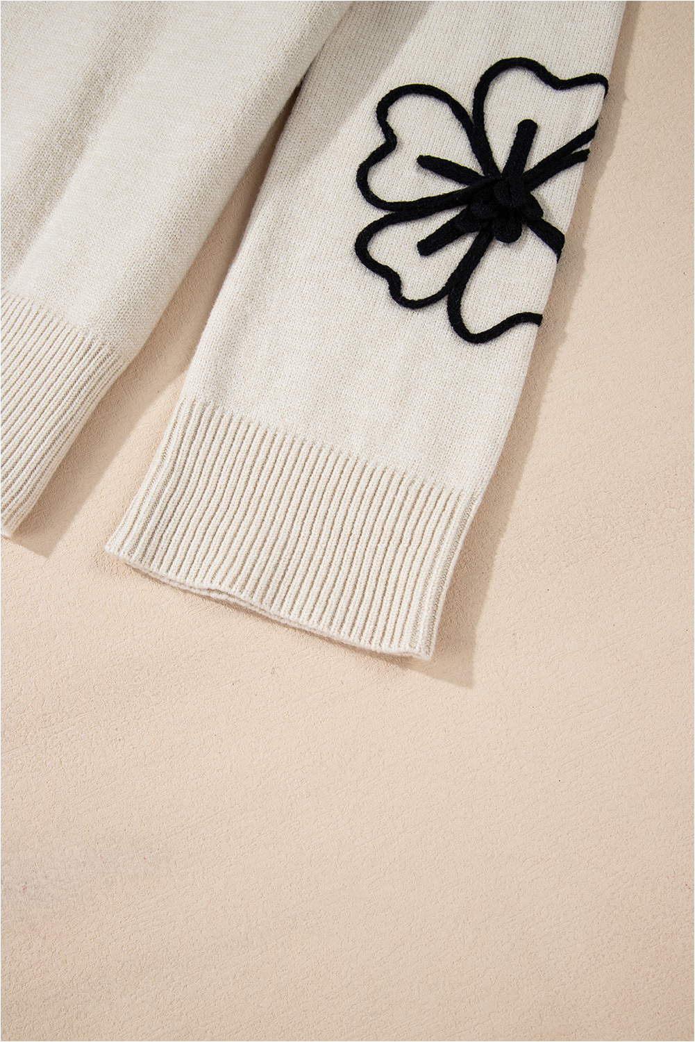 Beige Flower Stitching Mock Neck Sweater