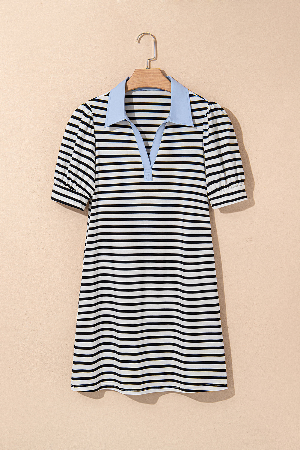 Black Stripe Contrast V Neck Collared Puff Sleeve T Shirt Mini Dress with Pockets