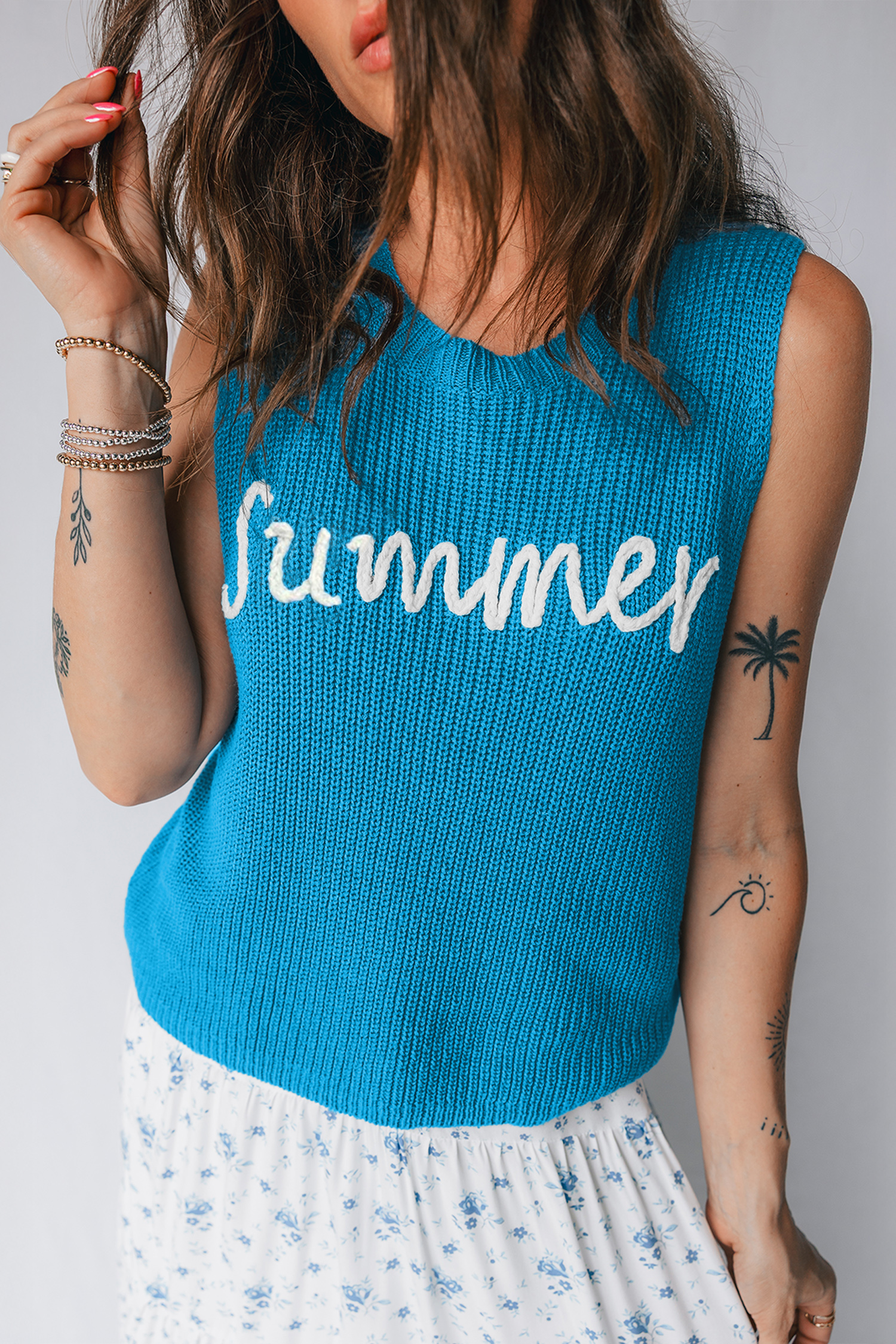 Dusk Blue Summer Script Graphic Sleeveless Sweater Vest