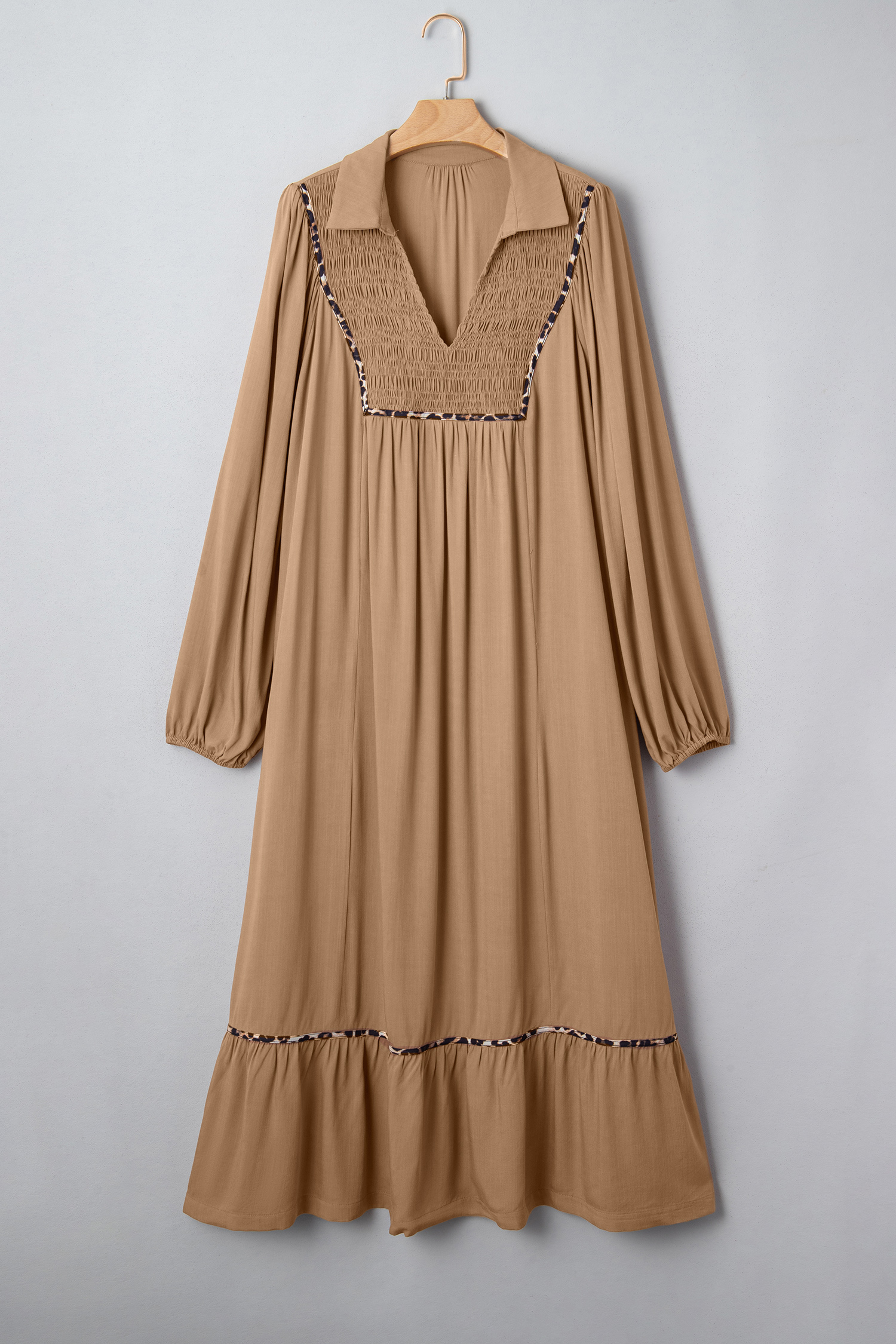 Four Leaf Clover Collared V Neck Smocked Detail Contrast Leopard Trim Bracelet Sleeve Long Dress