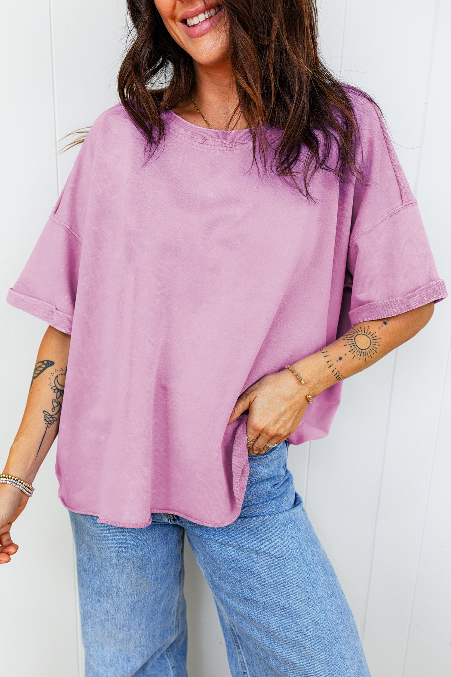 Lavendula Mineral Wash Drop Shoulder Raw Edge Loose Tee