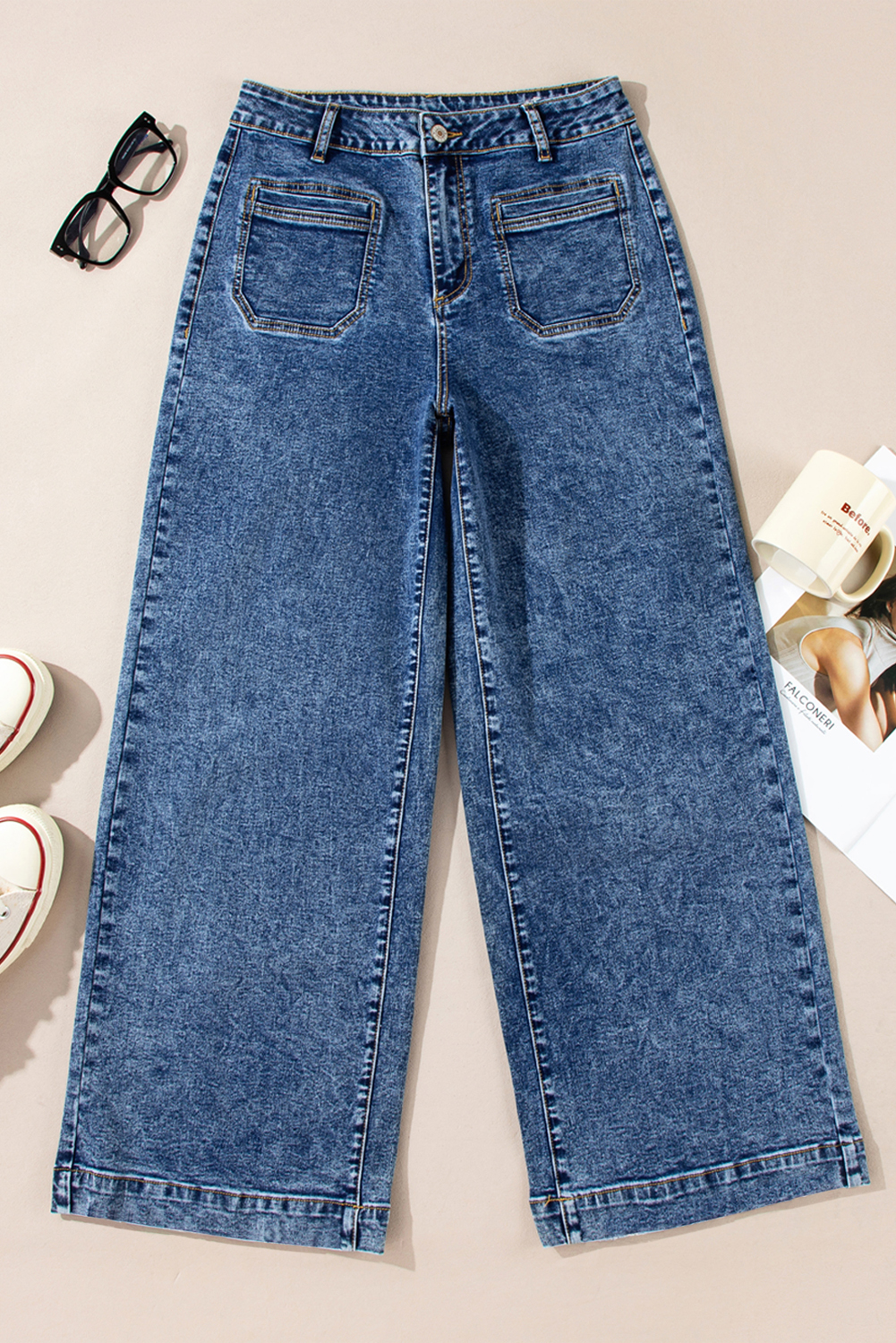 Light Blue Chic Patch Pocket Straight Leg Loose Jeans