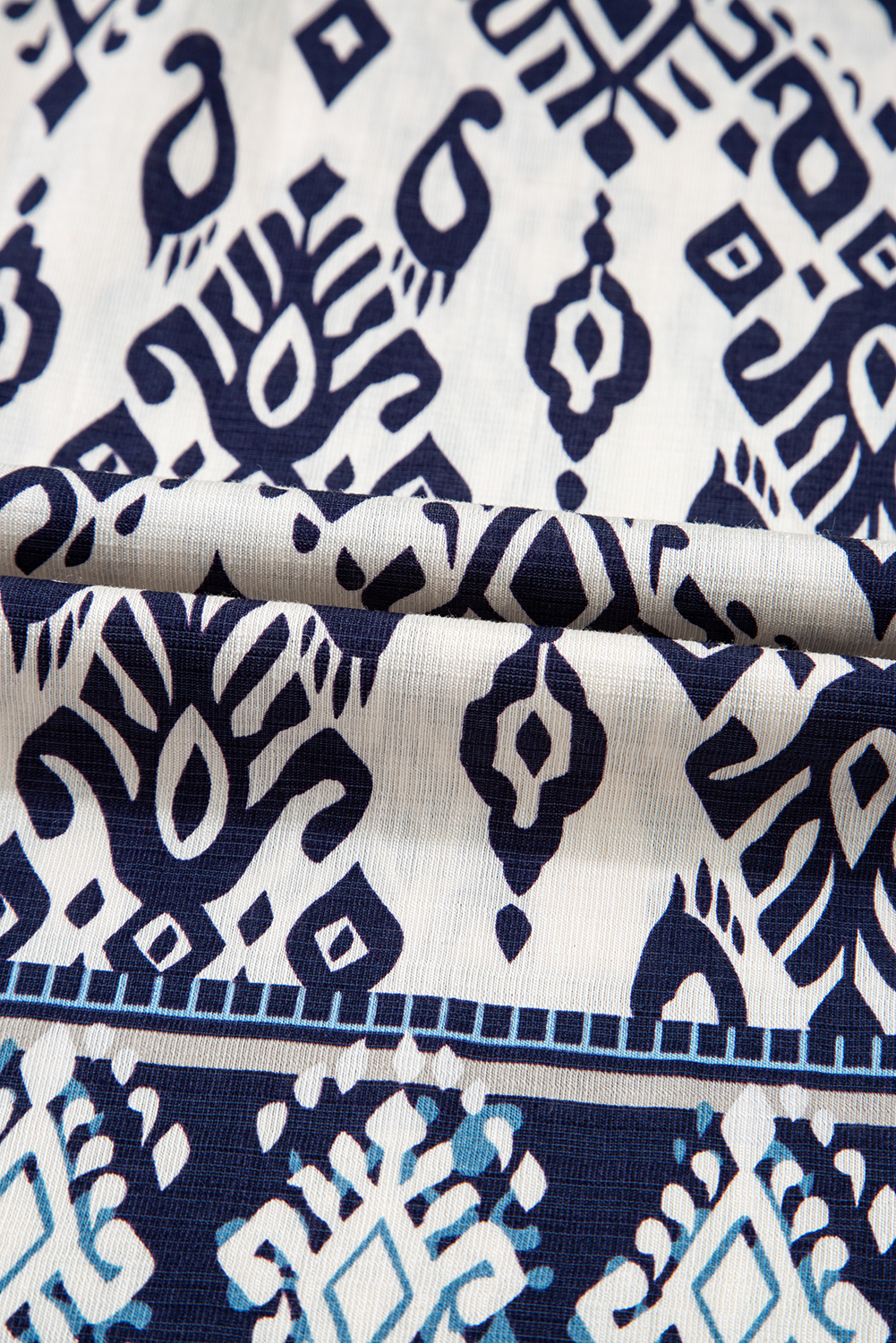 Blue Boho Geometric Print Shirred High Waist Wide Leg Jumpsuit