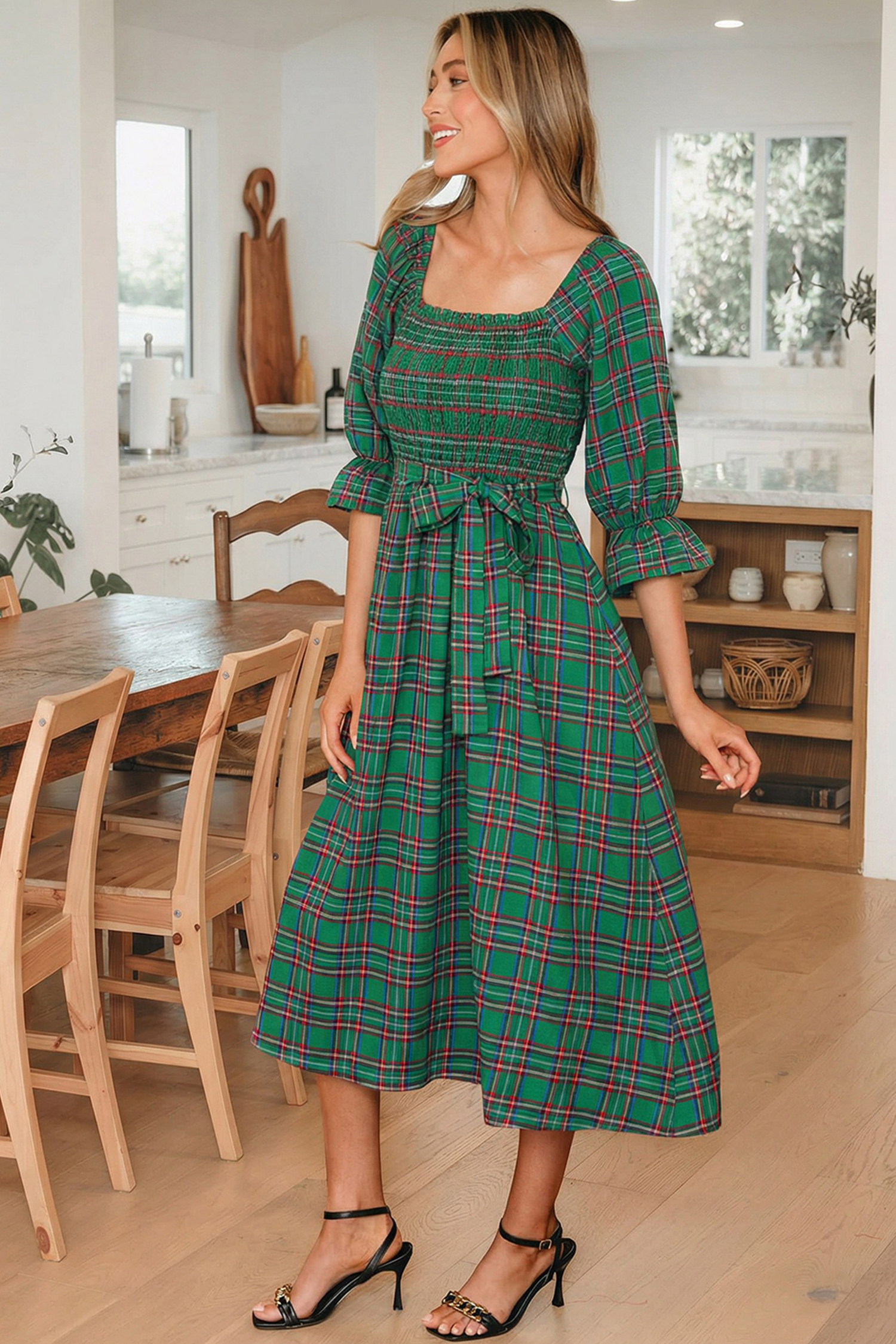 Red Tartan Plaid Square Neck Puff Sleeve Knot Waist Flared Midi Dress