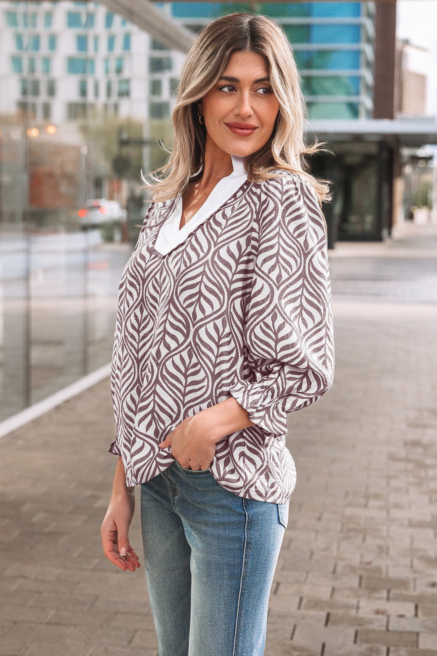 Brown Leaf Print Standing Collar Puff Sleeve Top