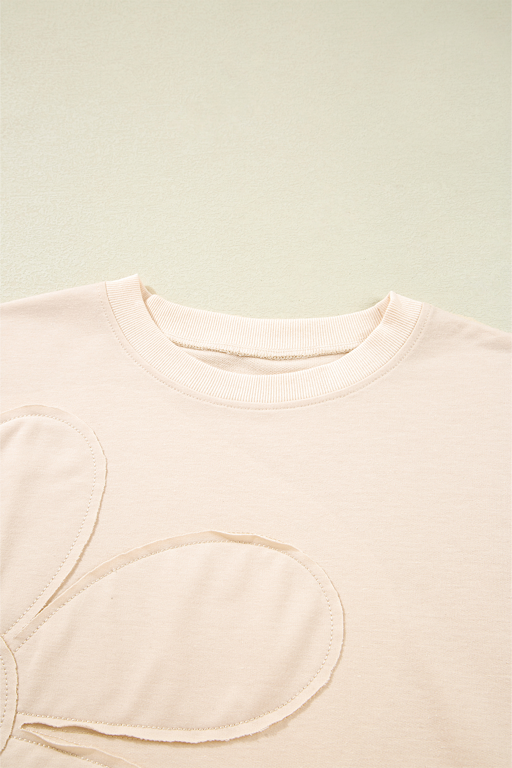 Beige Raw Edge Flower Patch Drop Shoulder Casual Top