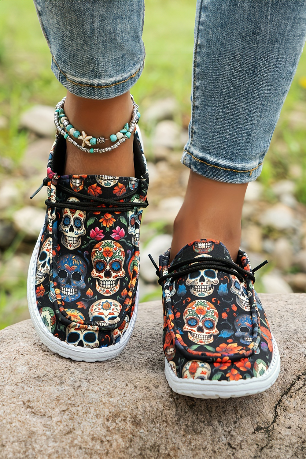 Dark Blue Sugar Skull Print Lace-up Detail Halloween Flat Shoes