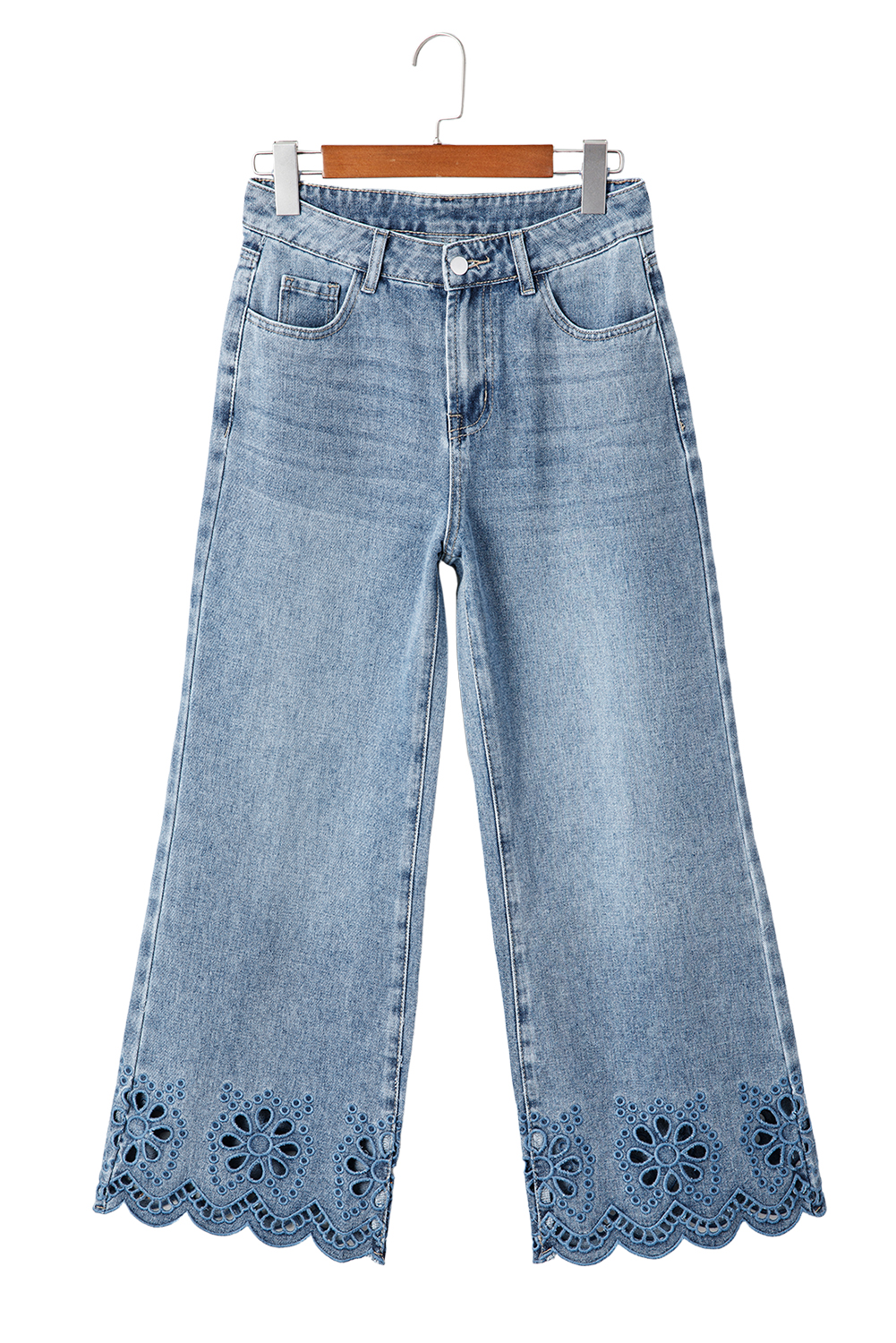 Dusk Blue Embroidered Cropped Wide Leg High Waist Jeans