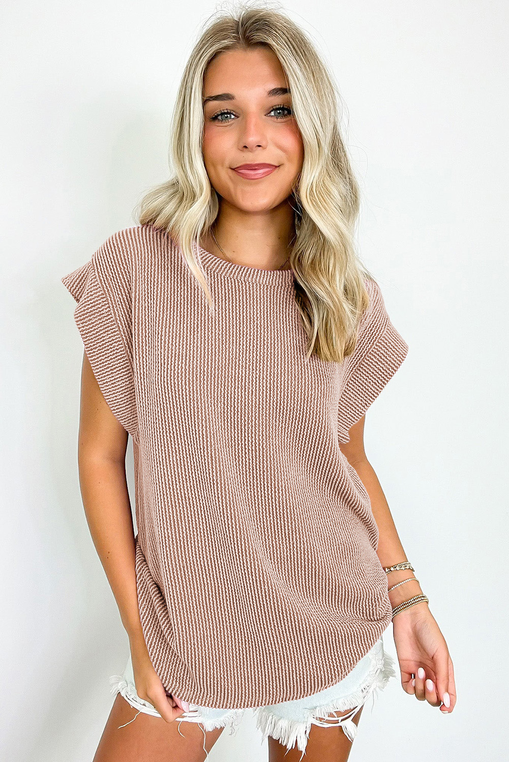 Gray Twisted Rib Wide Sleeve Crew Neck T Shirt