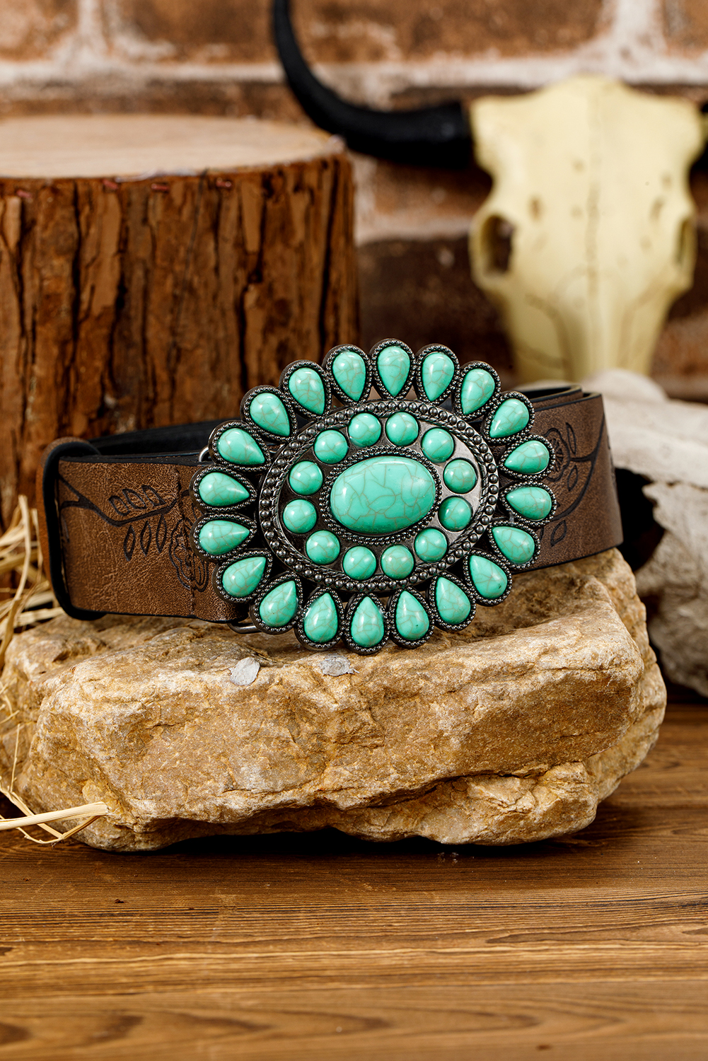 Chestnut Turquoise Gem Stone Western Fashion Faux Leather Belt
