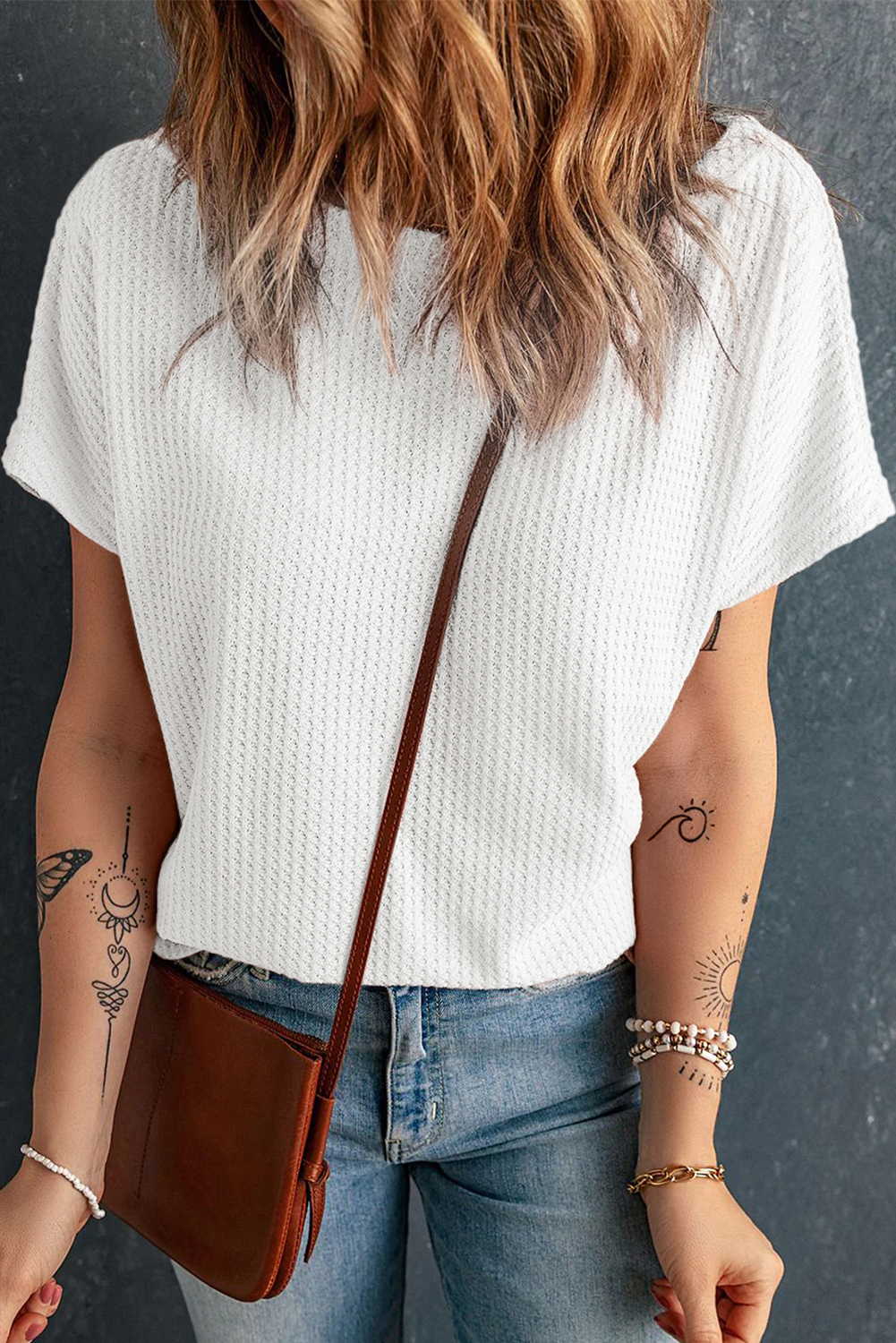 White Waffle Knit Boat Neck Short Sleeve Top