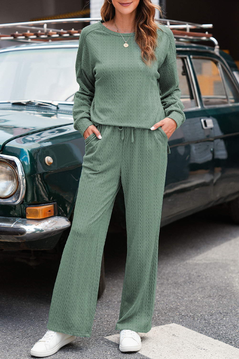 Smoke Green Textured Round Neck Sweatshirt & Loose Drawstring High Waist Pant Set