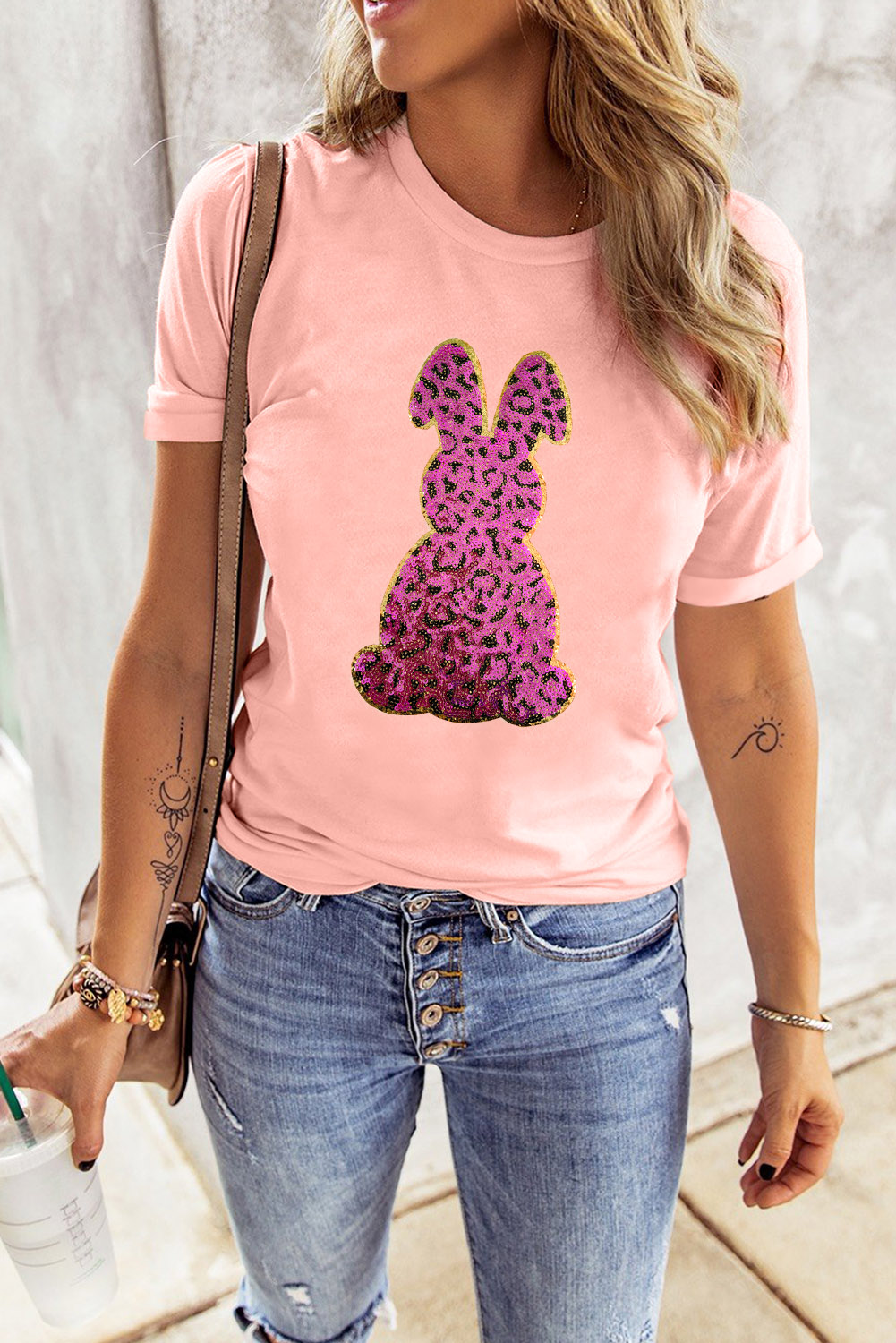 White Rabbit Bow Knot Print Crew Neck T Shirt