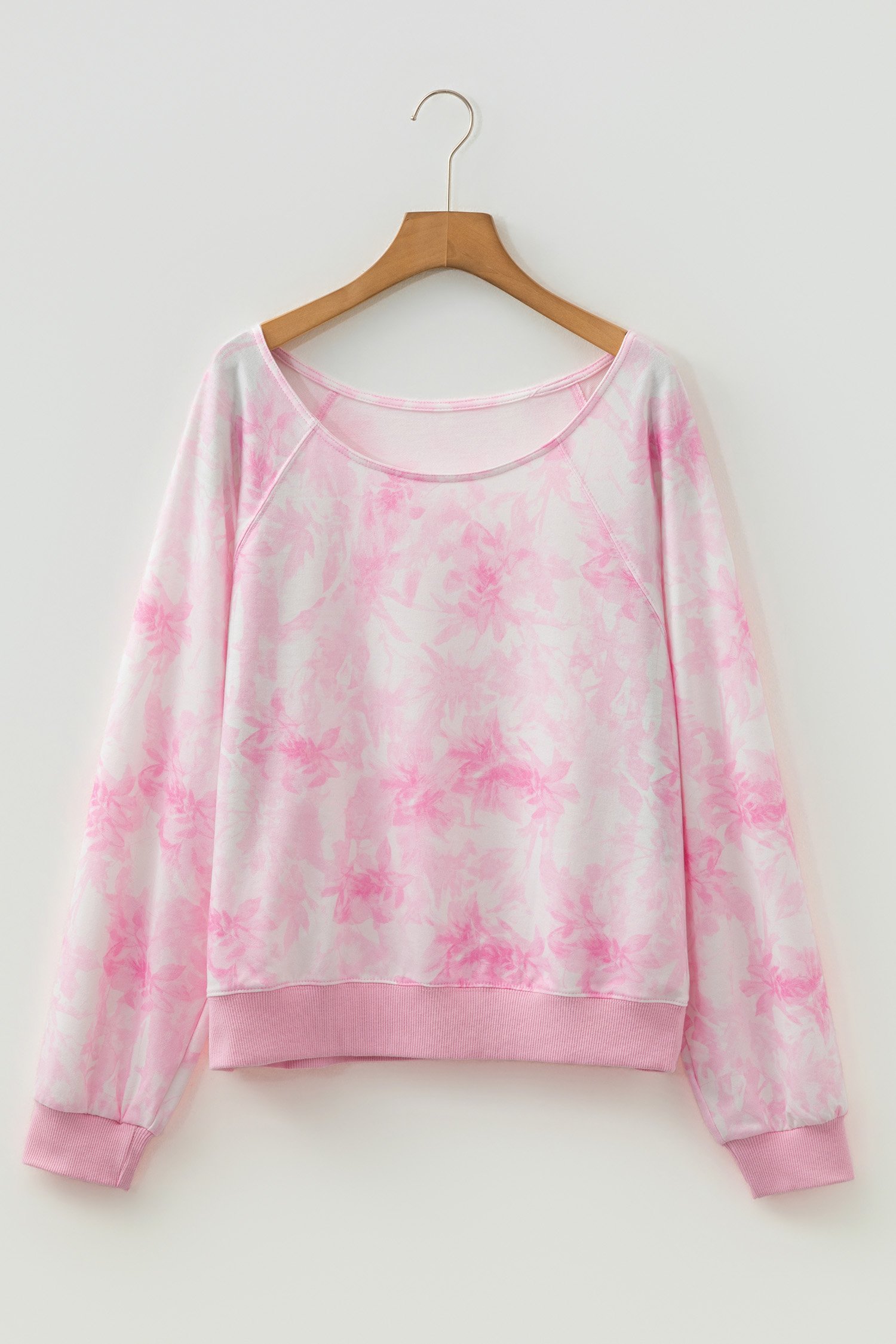 Pink Abstract Woodland Print Asymmetric Shoulder Long Sleeve Top