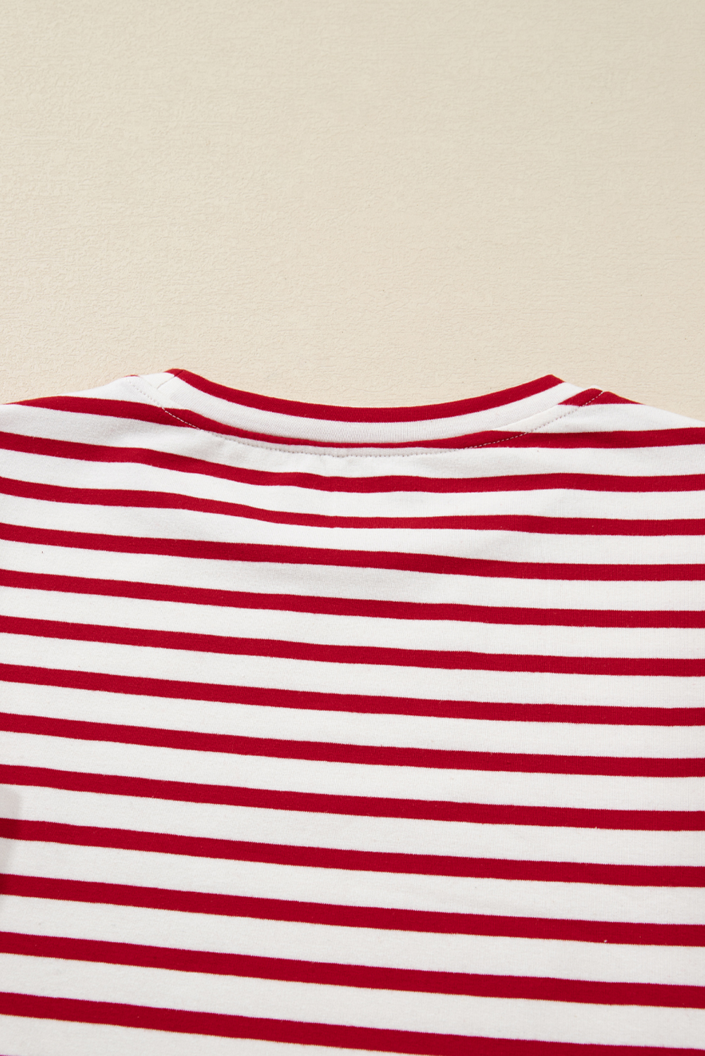 Red Stripe Round Neck Ruffle Trim Long Sleeve Top