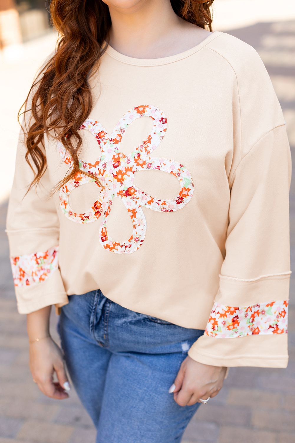 Beige Flower Patch Graphic Exposed Seam Wide Sleeve Top