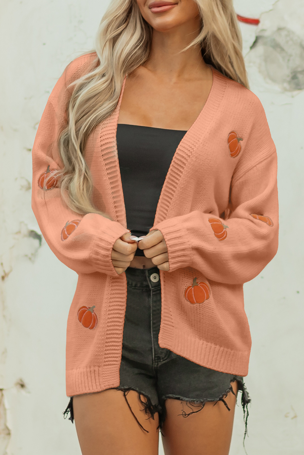 Light Pink Christmas Tree Print Open Front Drop Shoulder Midi Cardigan