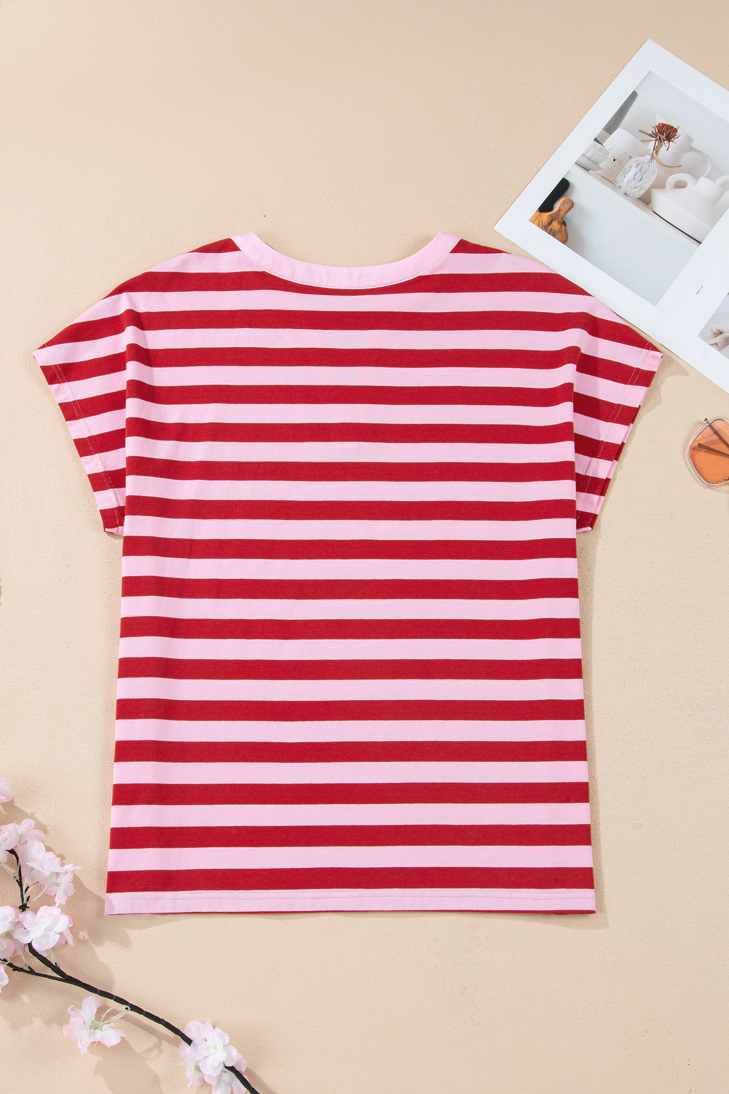 Pink Stripe Split V Neck Casual T Shirt