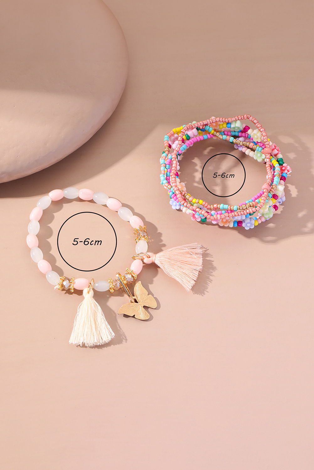 Peach Blossom 7pcs Handmade Beaded Bohemian Style Butterfly Tassel Bracelet Set
