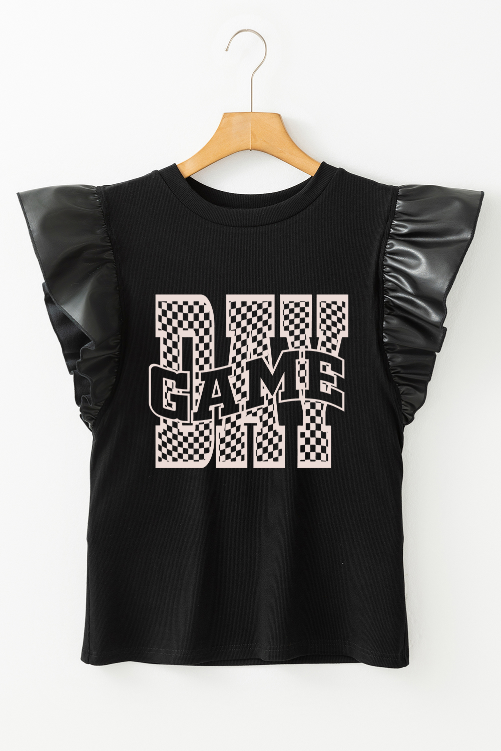 Black GAME DAY Checkered Letter Graphic Leatherette Ruffle Sleeve Top