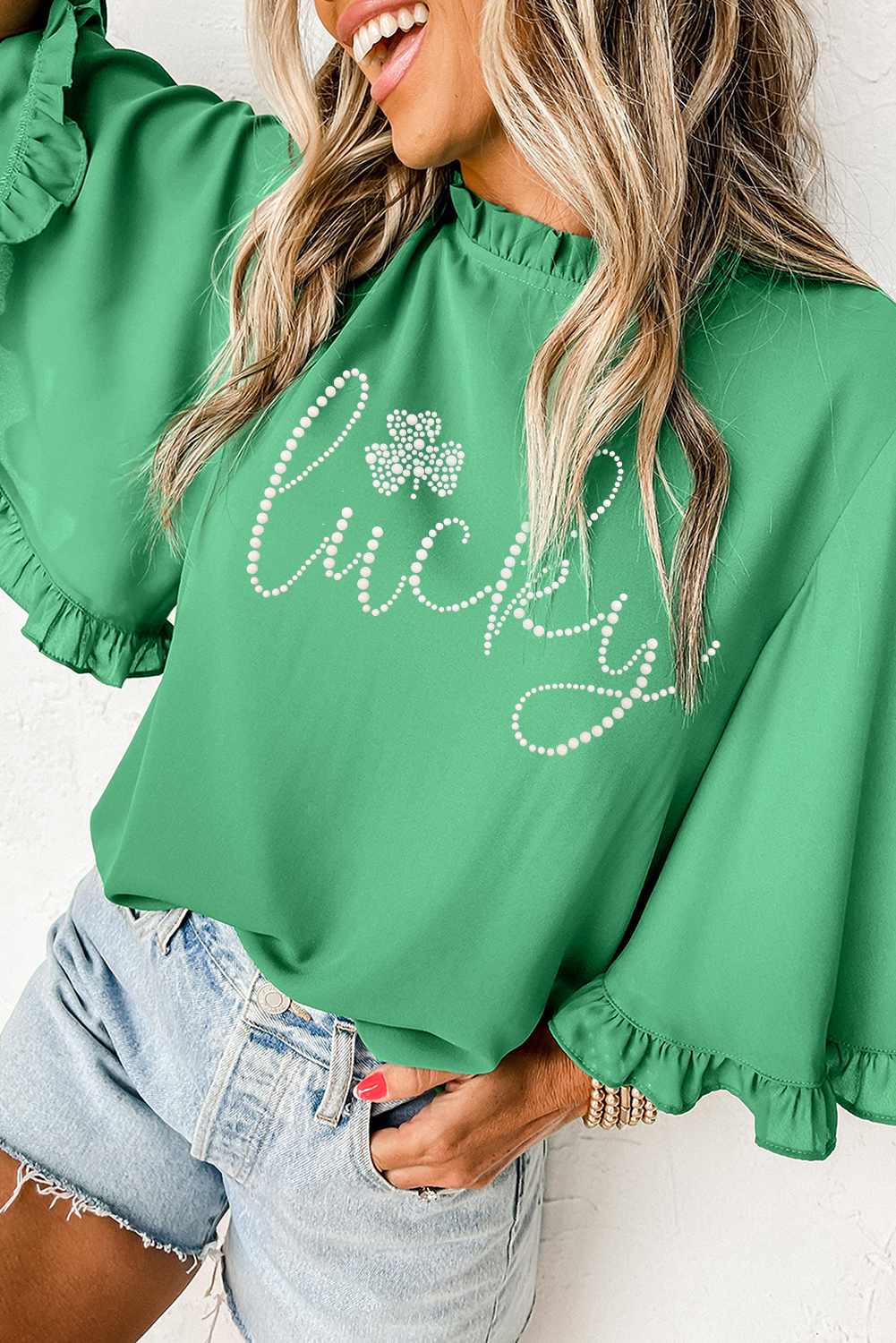 Green Ceramic Rhinstone lucky Clover Graphic Frilled Bell Sleeve Blouse