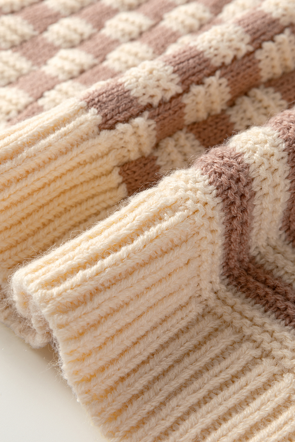 Khaki Stripe Checkerboard Drop Shoulder Balloon Sleeve Sweater