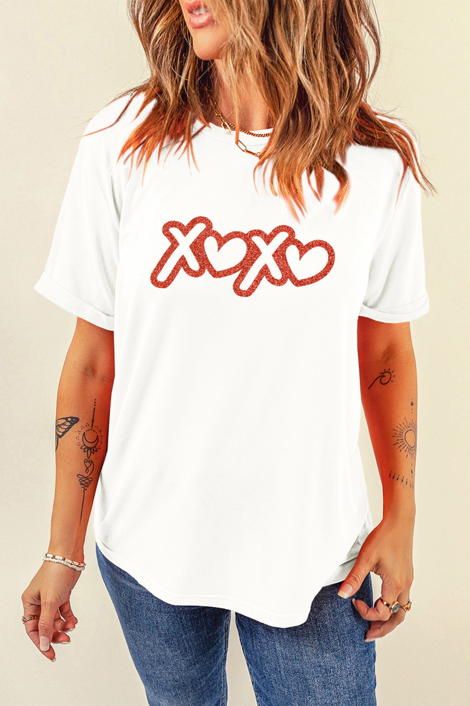 White XOXO Foil Glitter Print Valentines Day T Shirt