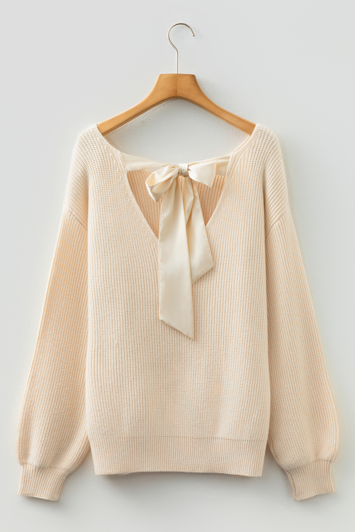 Black Ribbed Knit Ribbon Knot Backless Drop Shoulder Sweater