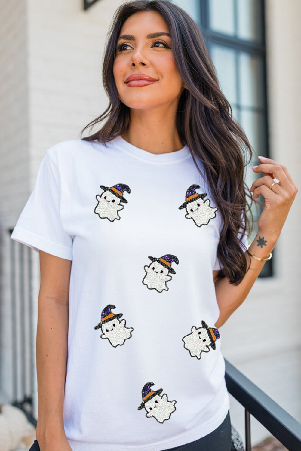 Wisteria Glitter Trim Chenille Ghost Patched Halloween Graphic Tee