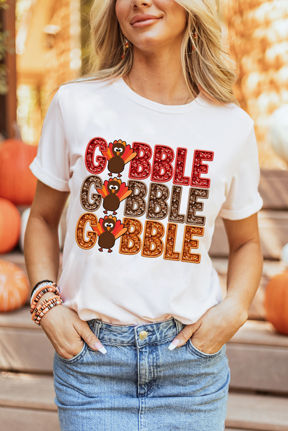 White GOBBLE Thanksgiving Turkey Print T Shirt