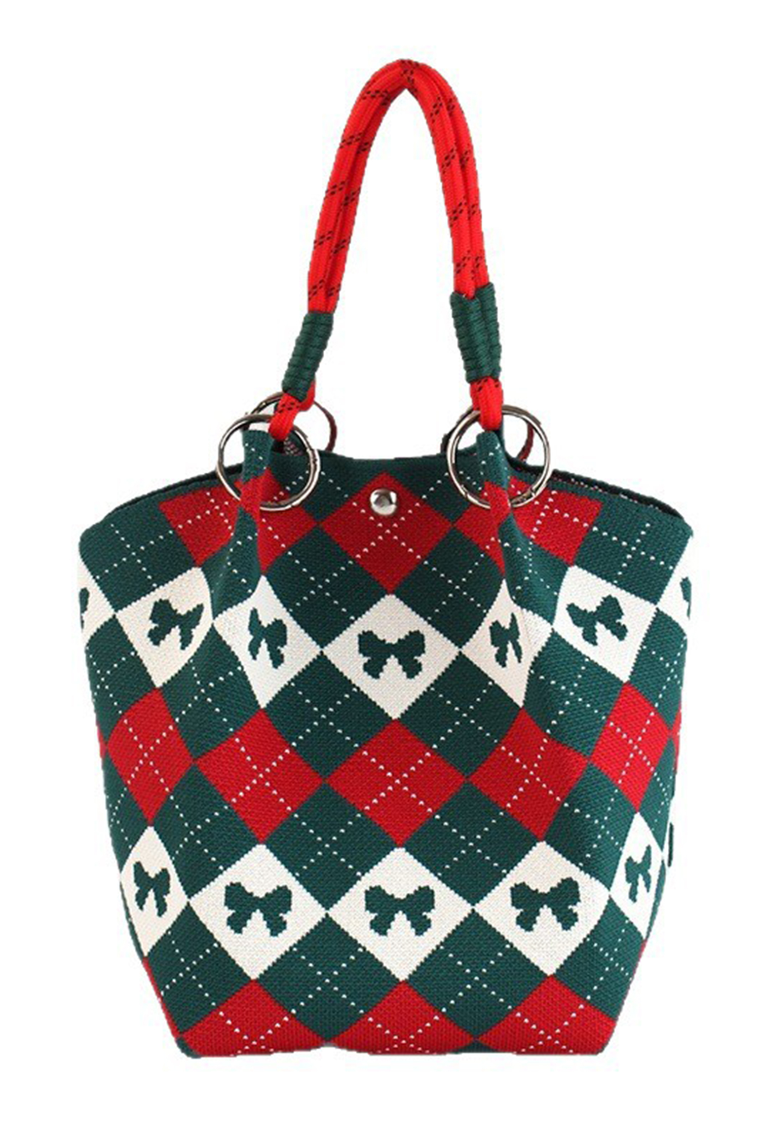 Fiery Red Retro Argyle Bow Printed Fashion Knit Bucket Bag