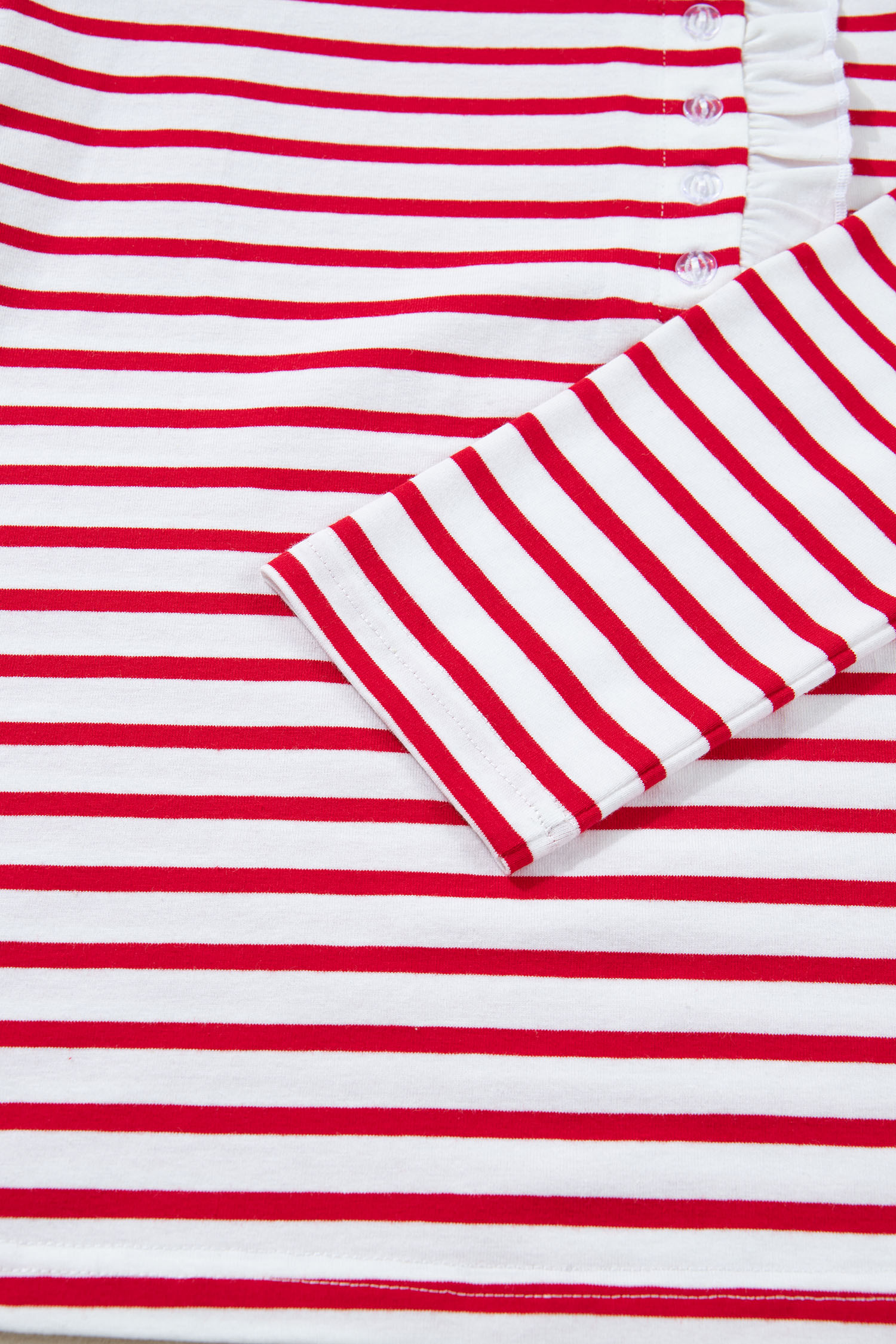 Red Stripe Contrast Frilled Trim Half Button Long Sleeve Top