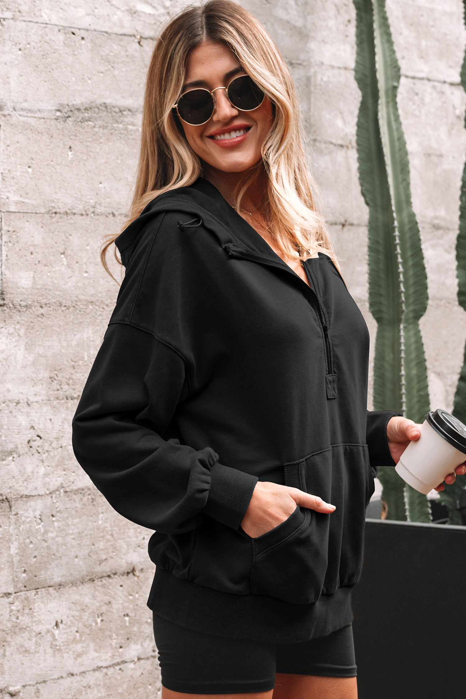 Canton Half Zip Kangaroo Pocket Mineral Wash Baggy Hoodie