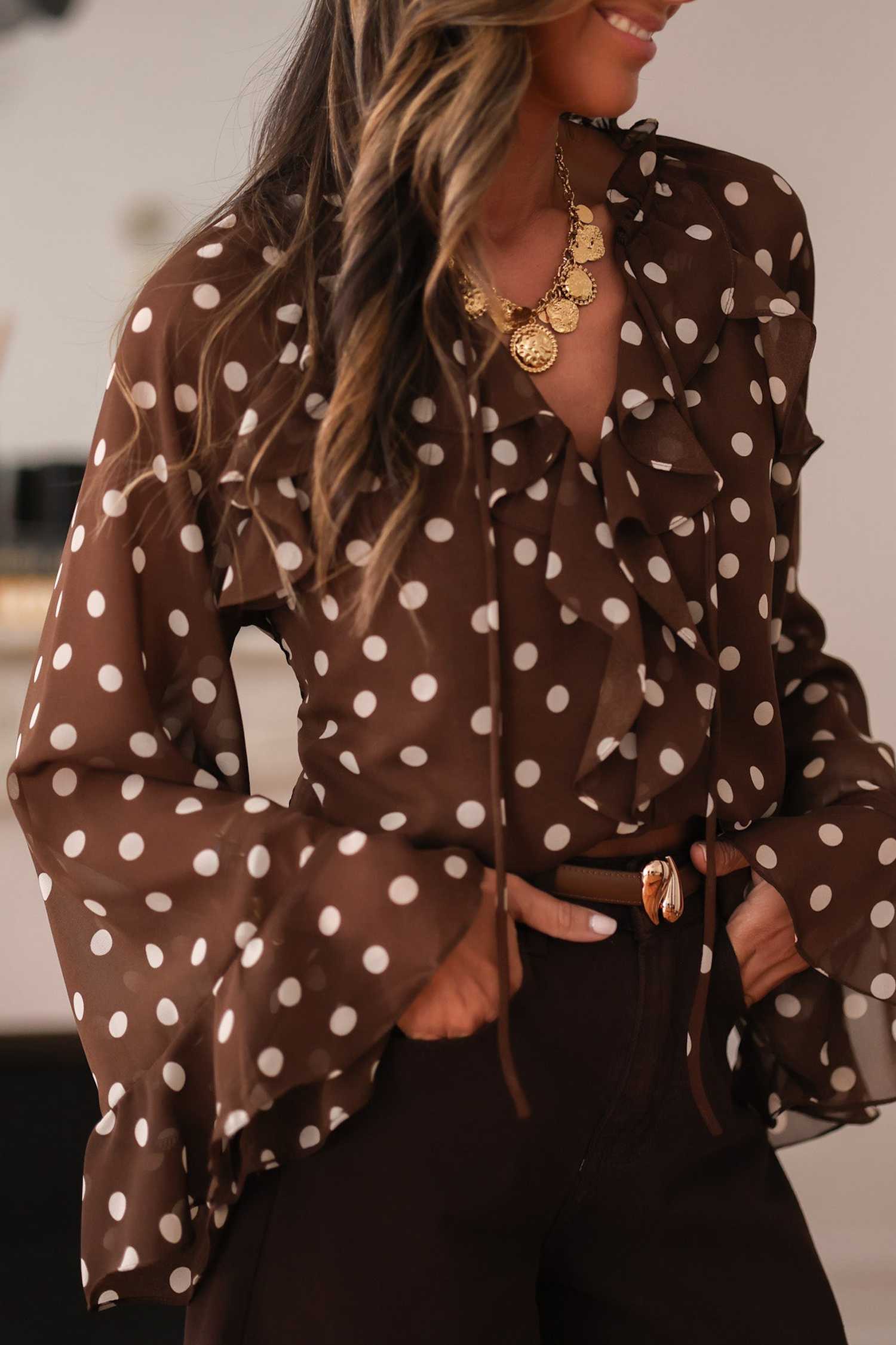 Coffee Polka Dot Print Ruffle Trim V Neck Long Bell Sleeve Blouse