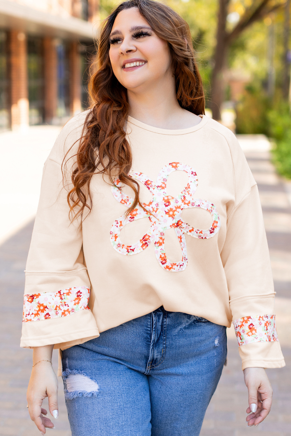 Beige Flower Patch Graphic Exposed Seam Wide Sleeve Top