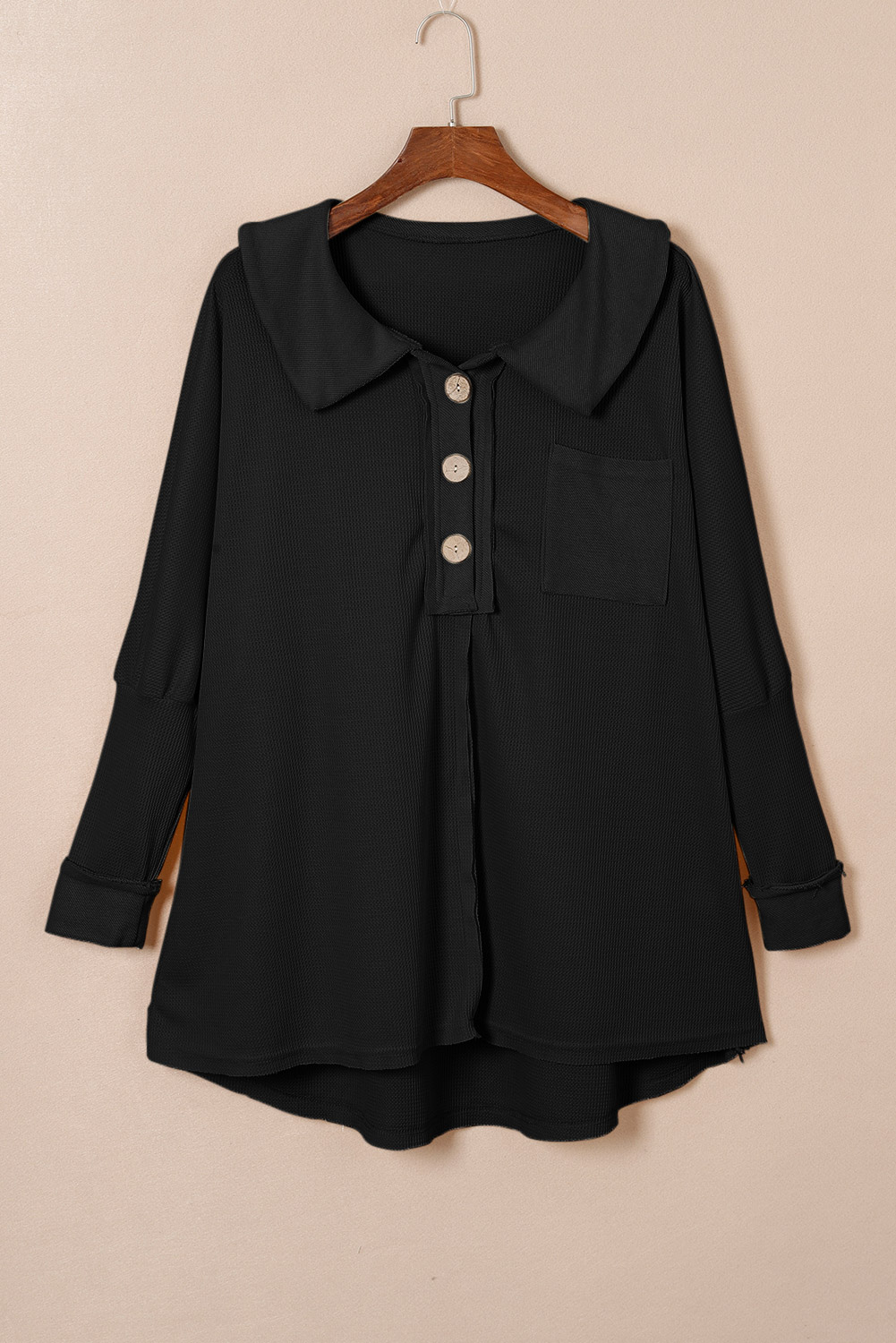 Brown Waffle Knit Buttoned Long Sleeve Top