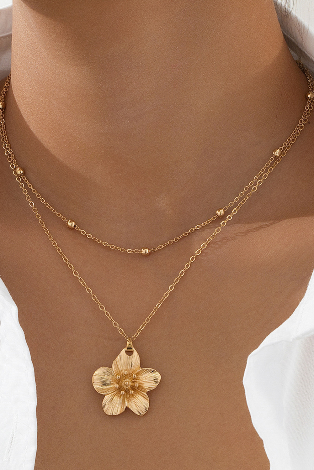 Gold Flower Pendant Beaded Double Chain Plated Necklace