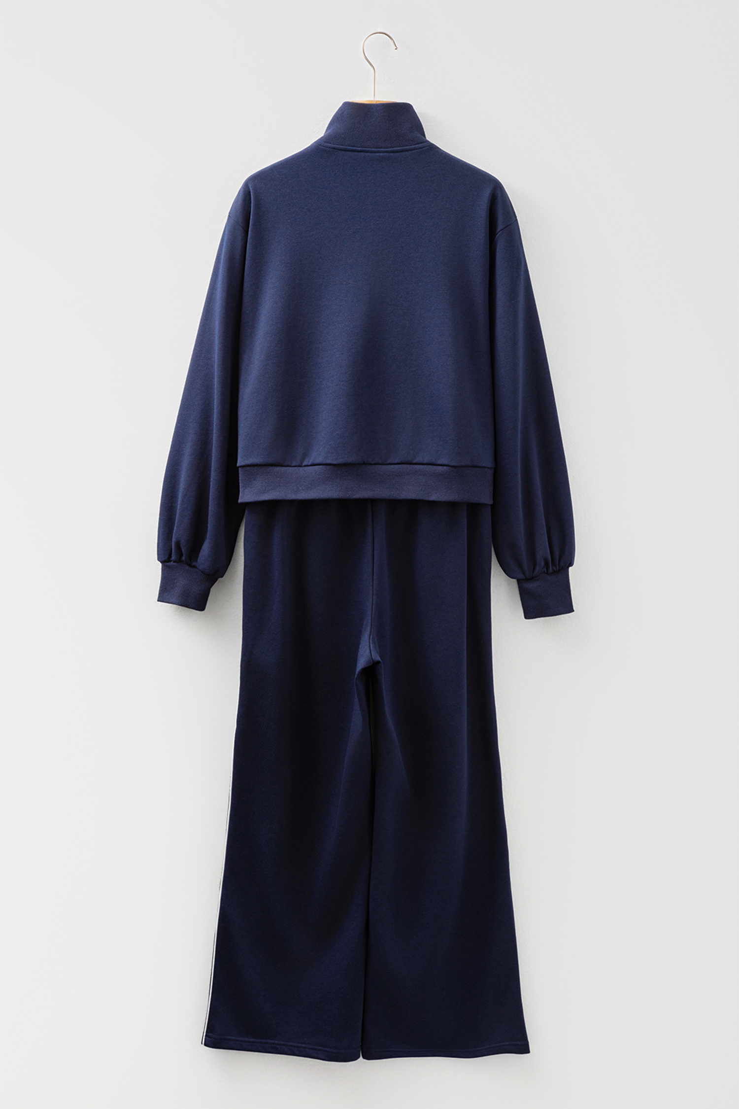 Navy Blue Contrast Piping Zipped Pullover Cropped Pants Set