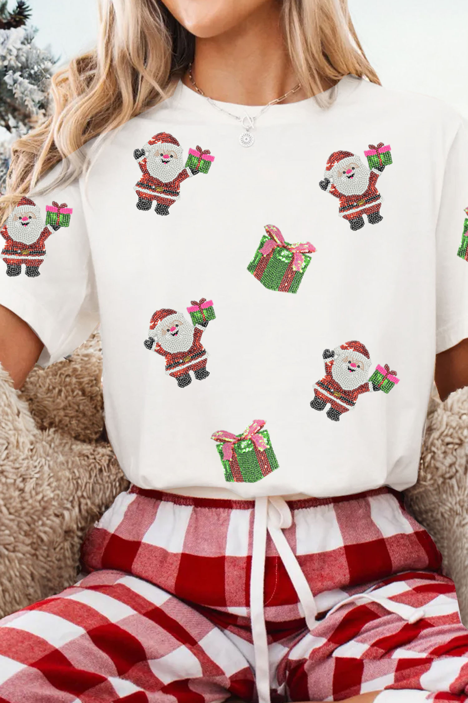 White Santa Deliver Gift Sequin Patched Christmas T Shirt