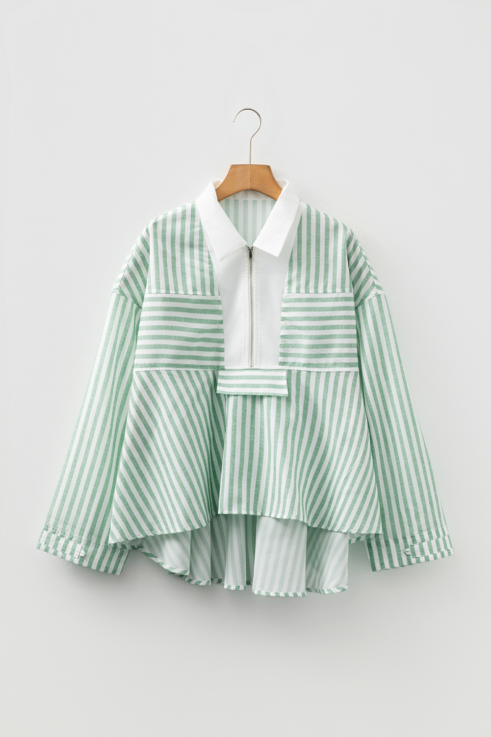 Green Stripe Half Zip Long Sleeve Swing Top