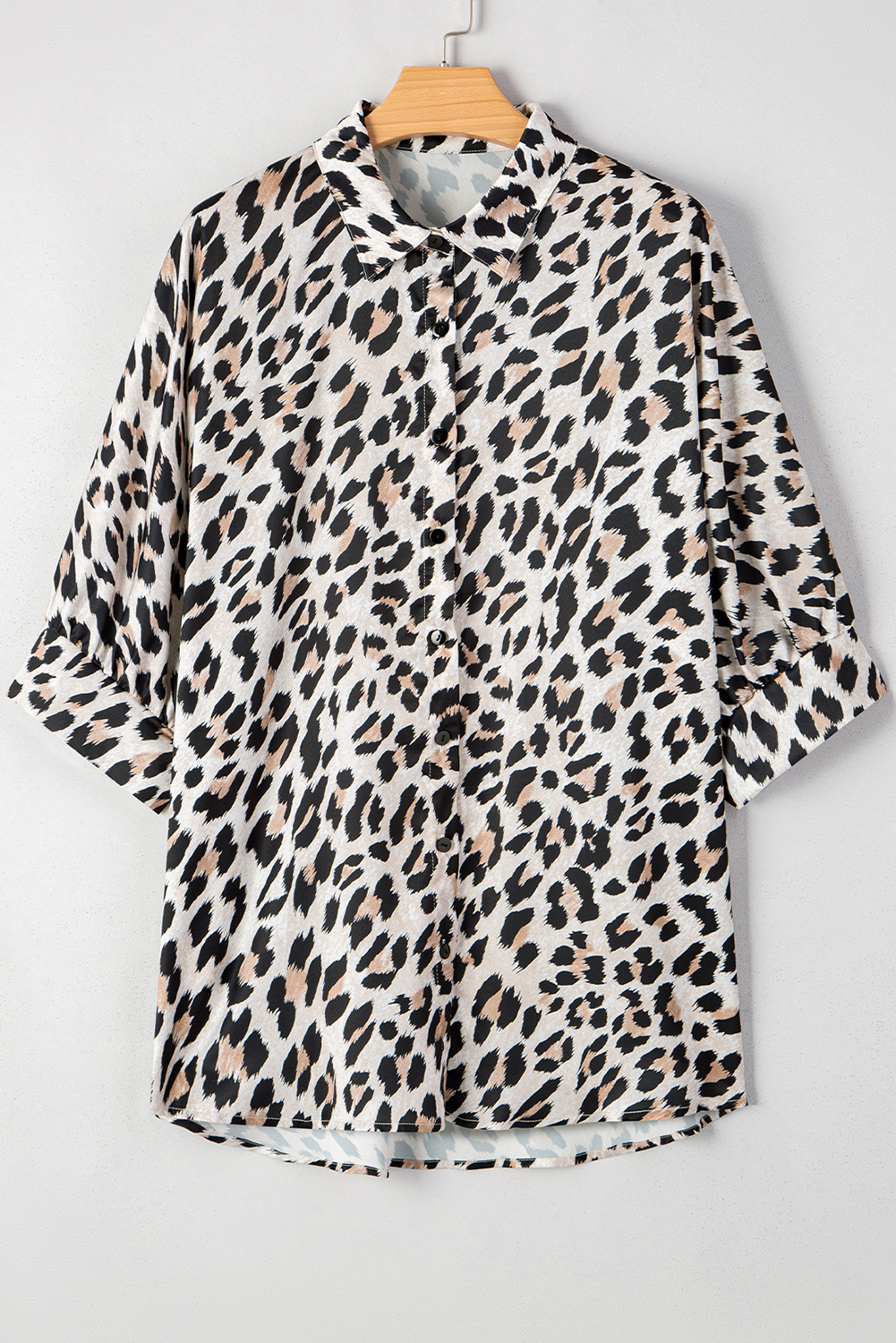 Beige Leopard Print Buttoned 3/4 Sleeve Loose Fit Shirt