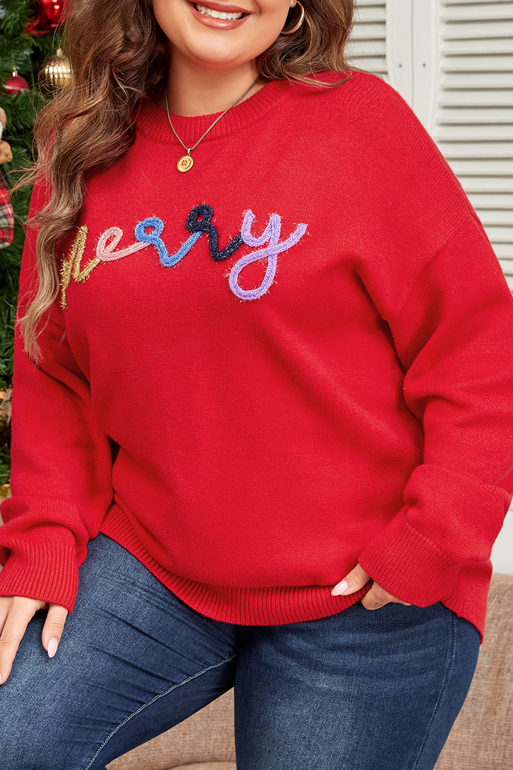 Fiery Red Tinsel Merry Letter Drop Shoulder Baggy Sweater