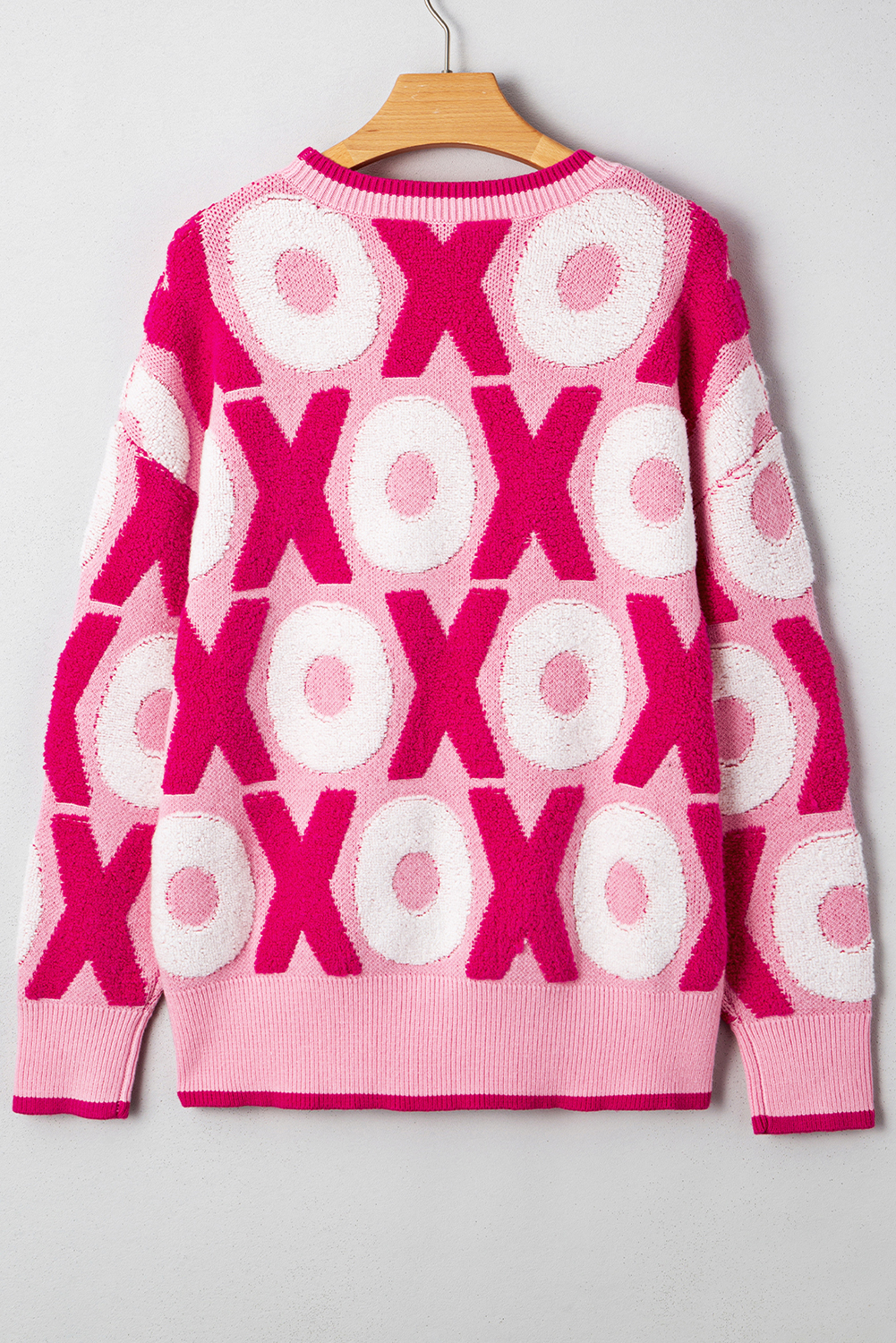 Pink XOXO Pattern Drop Shoulder Crewneck Valentines Sweater
