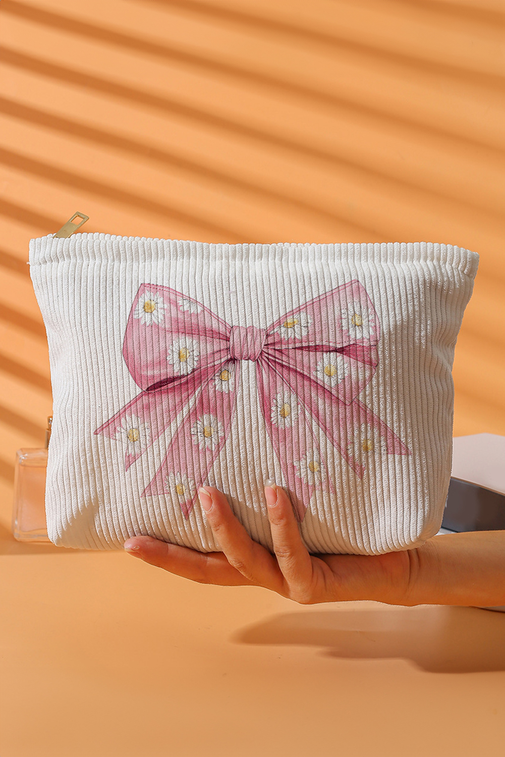 Pink Bow Knot Daisy Print Zipper Corduroy Multifunctional Bag